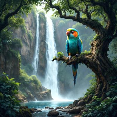 The primary subject of the image is a colorful parrot perched on a tree branch. The setting is a lush, green forest with a waterfall in the background. The visual style is a digital art or illustration, creating a vibrant and natural atmosphere. The dominant colors are green, blue, and orange, reflecting the vibrancy of the parrot and the forest environment.